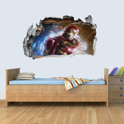 Vinyl Wall Smashed 3D Art Stickers of Illustrated Ironman Poster Bedroom Boys Girls