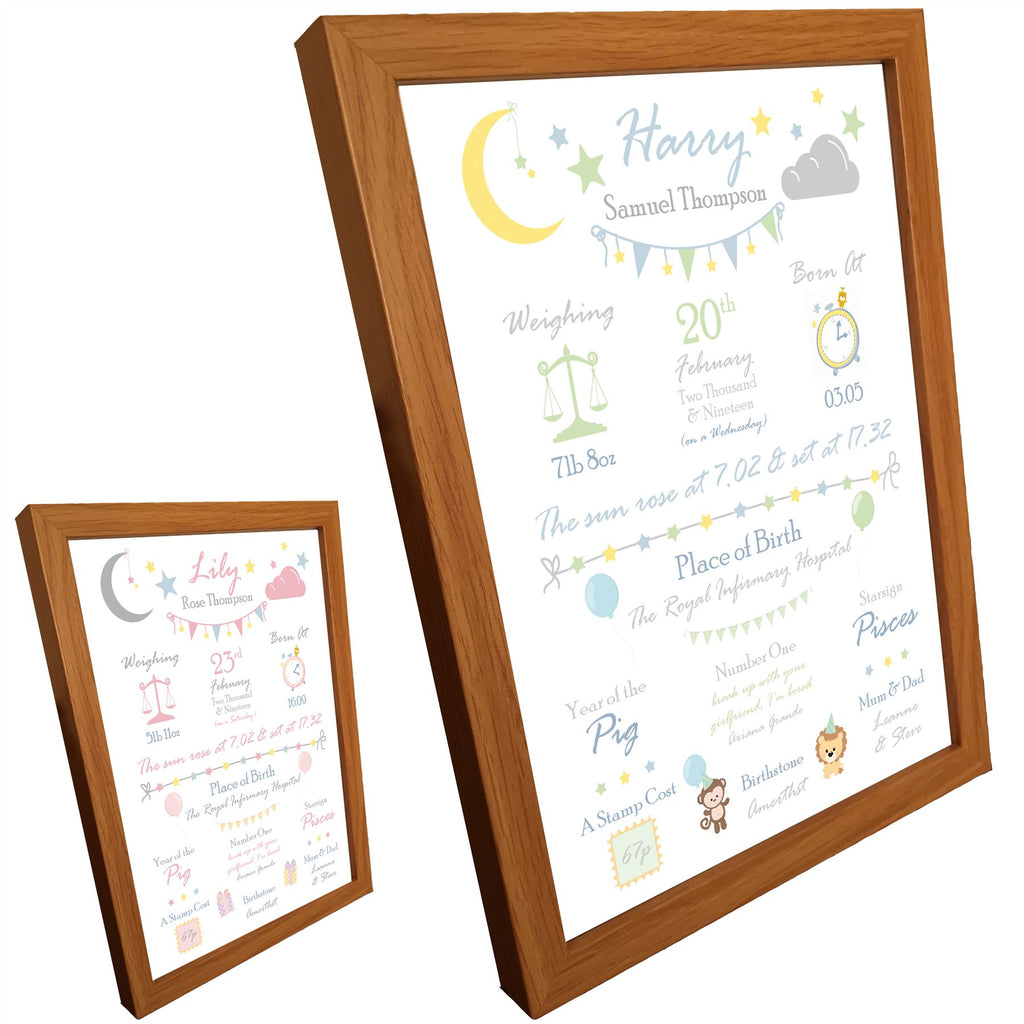 Personalised New Born Baby Birth Print Details Nursery Gift Picture (A2, A3, A4 Framed and Unframed Prints)