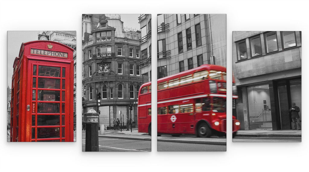 4 Panel 131x 60cm London Canvas Black White Red Large for your Living Room Prints - Pictures